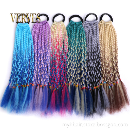 Synthetic Hair Ties Gradient Crochet Braid 12 inch Colorful Hair-Ring Braid Ponytail for Women Braided Drawstring Ponytail
